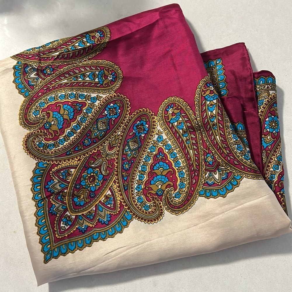 Vintage Silk Cherry Blue Cream Paisley Women's Scarf 
Hand rolled trim 33”